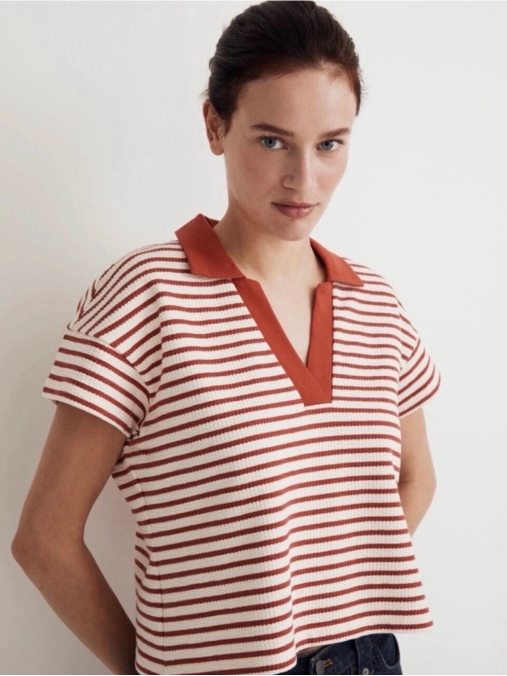 Madewell Rust & White Striped Waffle Knit Polo Crop Top Women’s Small